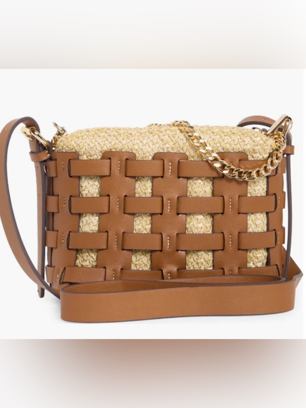 Woven Leather Crossbody Bag in Cognac and Natural
